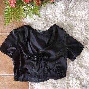 Silky black tie front top